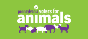 Pennsylvania Voters For Animals' green logo with animal silhouettes below. The animals are colored purple and white.